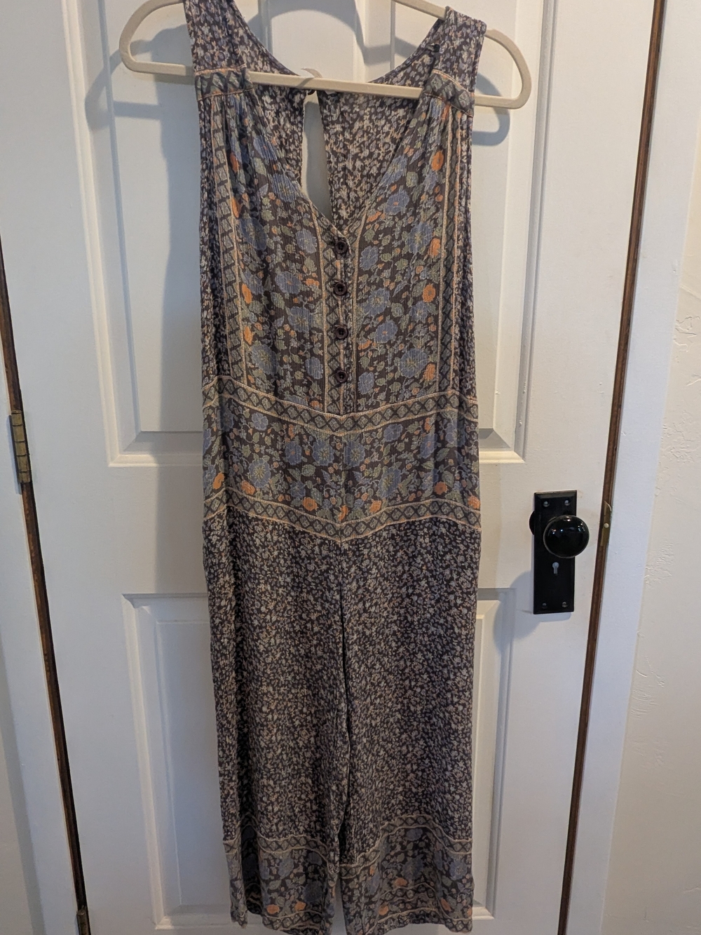 Free People Sleeveless Floral Boho Jumpsuit in Gray and Tan